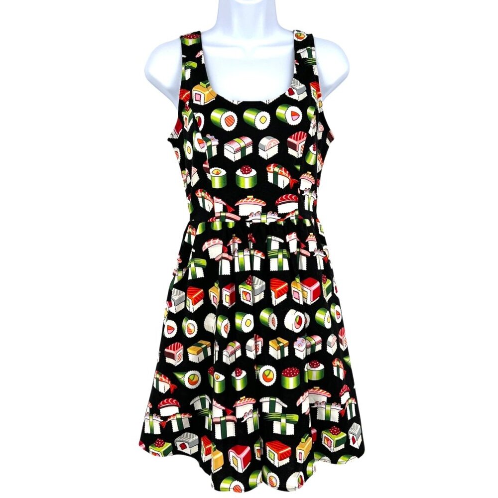 Retrolicious ModCloth Bento Box Sushi Print Sleeveless Dress Black Size Small